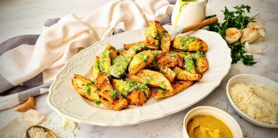 Τραγανές πατάτες σαν τηγανιτές στο air fryer με σάλτσα σκόρδου
